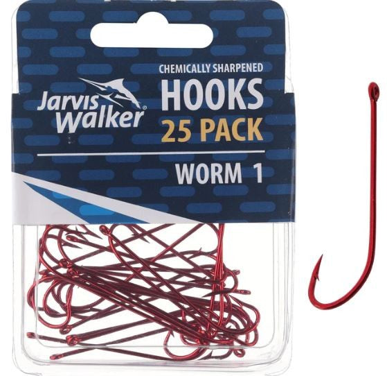 JW WORM LONG SHANK HOOK RED CHEMICALLY SHARPENED 25PK